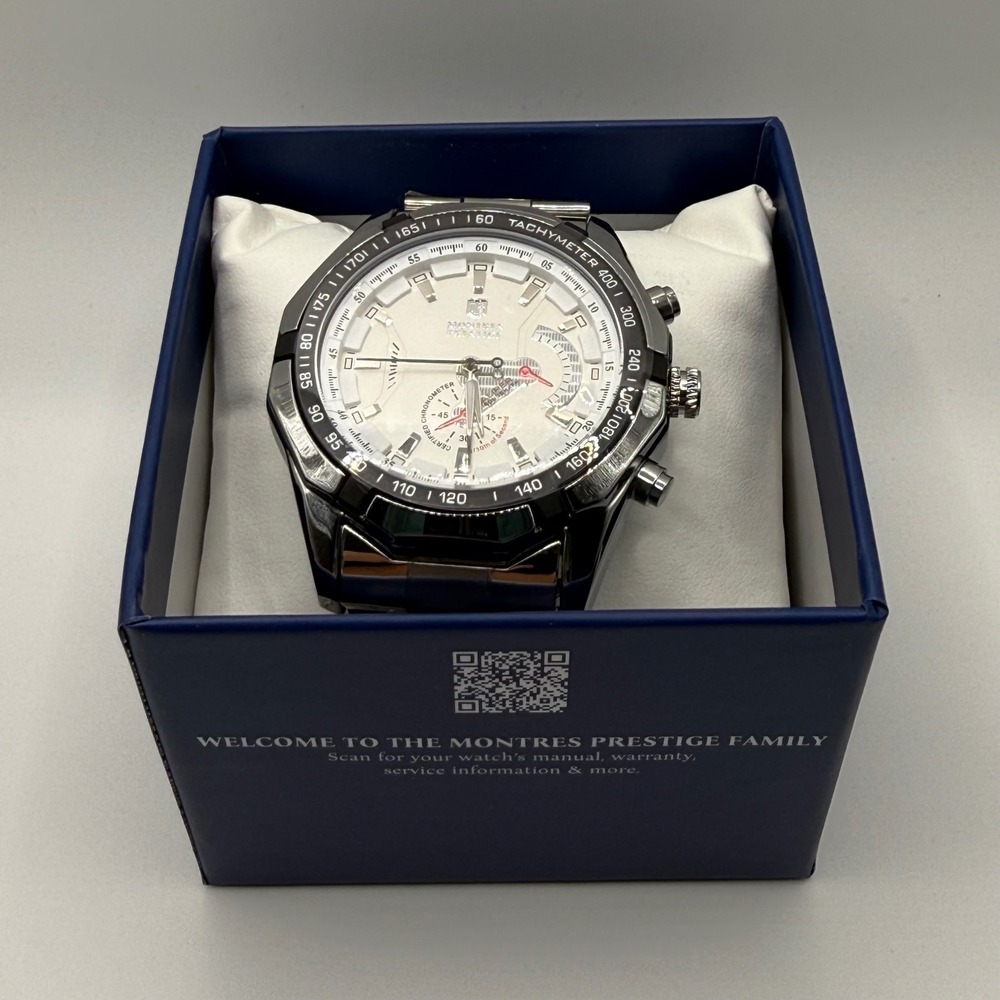 Montres Prestige Mens Chronograph Watch Silver White Tachymeter MPW-0097 NEW - Picture 5 of 6
